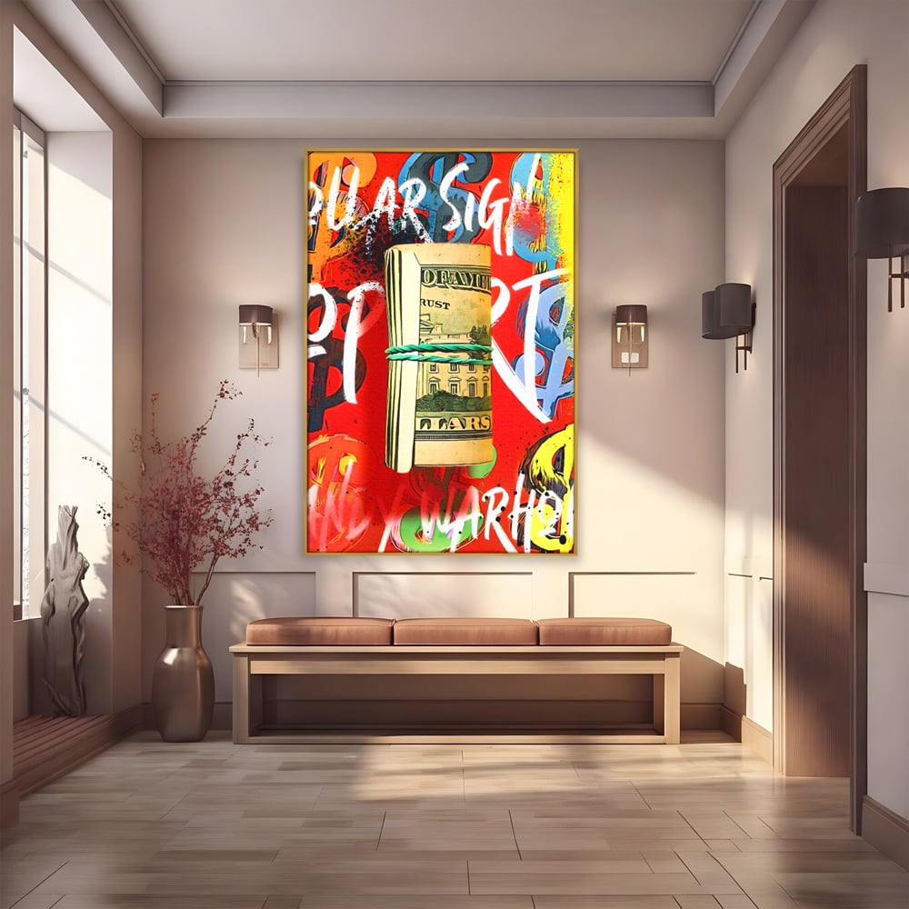 Tablou canvas cu tablou canvas cu teanc de dolari, in rama de aluminiu auriu